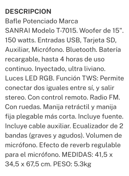 Bafle potenciado SANRAI ,BT,entrada micrófono y guitarra,recargable 4 horas de uso,reverberancia programable,con ruedas y manija transporte,potencia 150w - Imagen 6