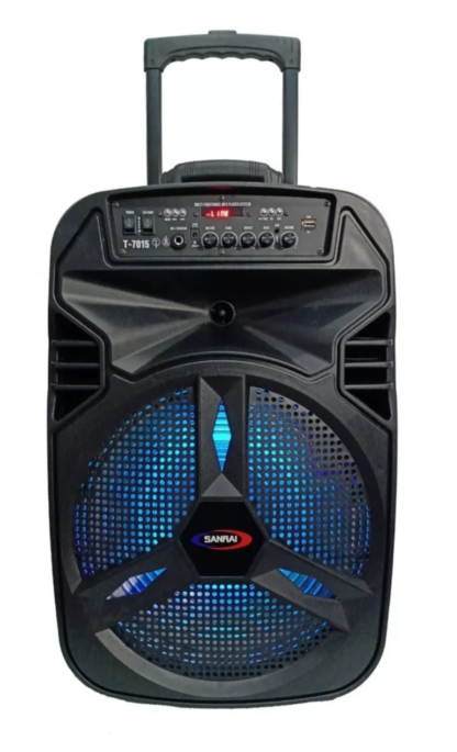 Bafle potenciado SANRAI ,BT,entrada micrófono y guitarra,recargable 4 horas de uso,reverberancia programable,con ruedas y manija transporte,potencia 150w