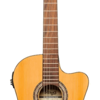 Guitarra electrocriolla STAGG tapa maciza pino abeto diapasón de nato,calidad MEDIO CONCIERTO,con equalizador activo y afinador,cuerdas Daddario