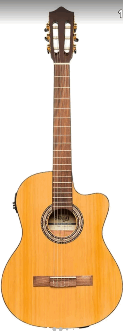 Guitarra electrocriolla STAGG tapa maciza pino abeto diapasón de nato,calidad MEDIO CONCIERTO,con equalizador activo y afinador,cuerdas Daddario