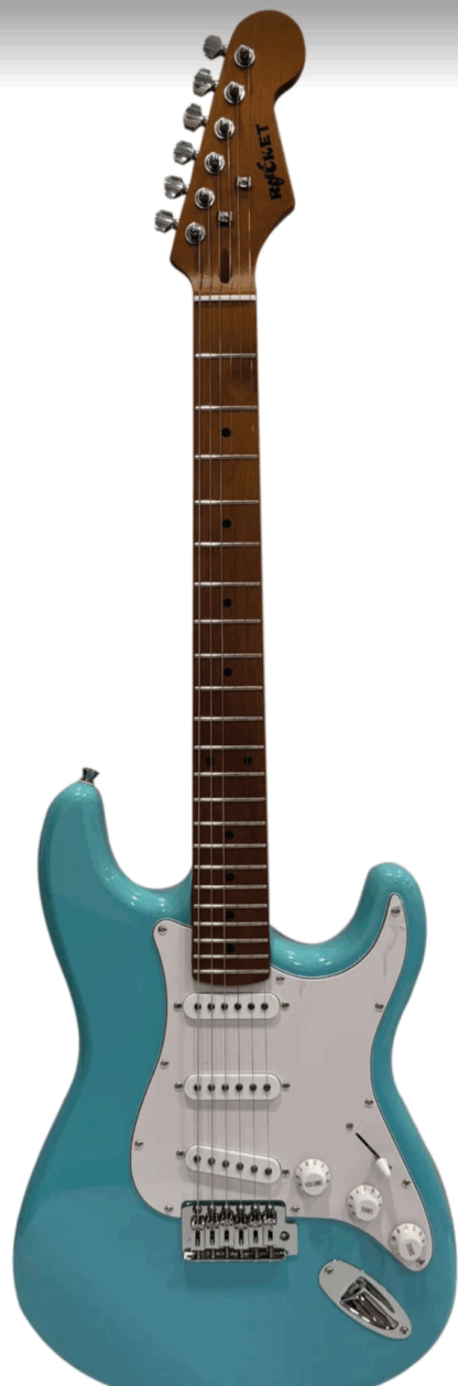 Guitarra electrica tipo Strato marca  ROCKET,tres micrófonos con palanca,llave 5 posiciones,diapasón palo Rosa,trastes alpaca