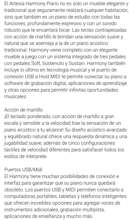 Piano ARTESIA HARMONY profesional  88 teclas pesadas tipo hammer,tres pedales, mueble - Imagen 5