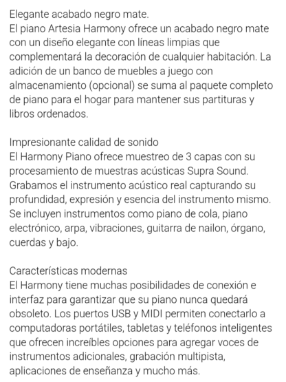 Piano ARTESIA HARMONY profesional  88 teclas pesadas tipo hammer,tres pedales, mueble - Imagen 6