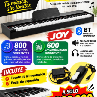 Piano marca JOY,88 teclas contra pesadas,800 sonidos ,600 acompañamientos automáticos,incluye pedal de sustain , transformador y atril partitura