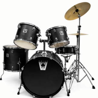 Batería 5 cuerpos ,con fierros,platillos crash y hi hat,cascos profundos fierros doble pata reforzados incluye banqueta, marca WOTAN,medidas 10",12",14",16" y bombo 22"